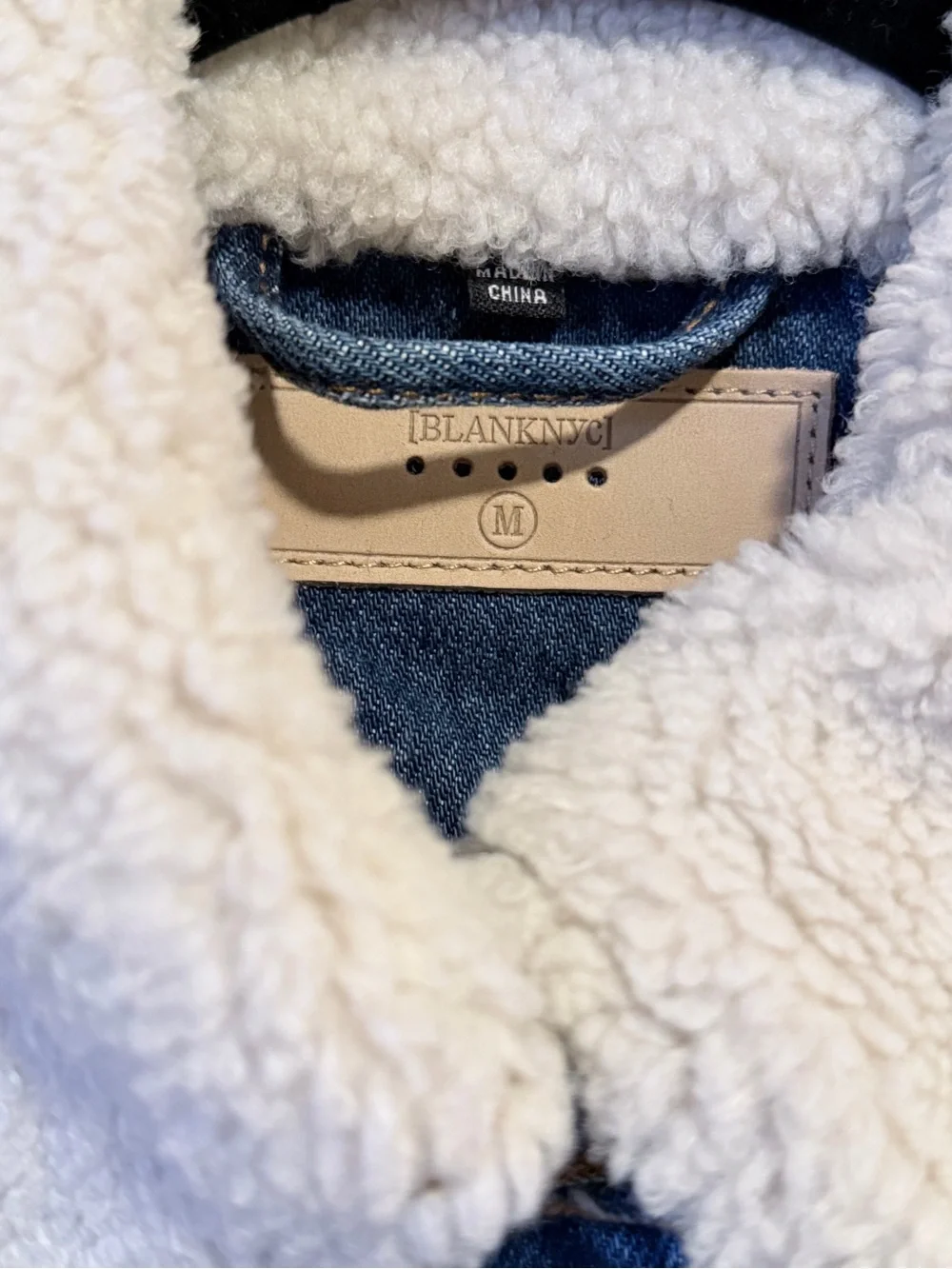 Blank NYC Blue Denim Jacket with Cream Sherpa Panels